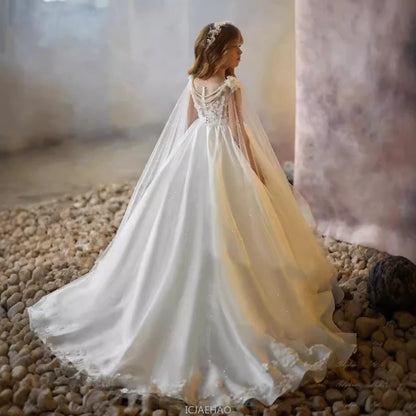 Weißes Mädchen-Hochzeits-Blumenmädchenkleid für Kinder, ärmellos, Ballkleid, langer Zug, Party, Festzug, Klavier, Rezital, Geburtstag, Leistung, Neu.