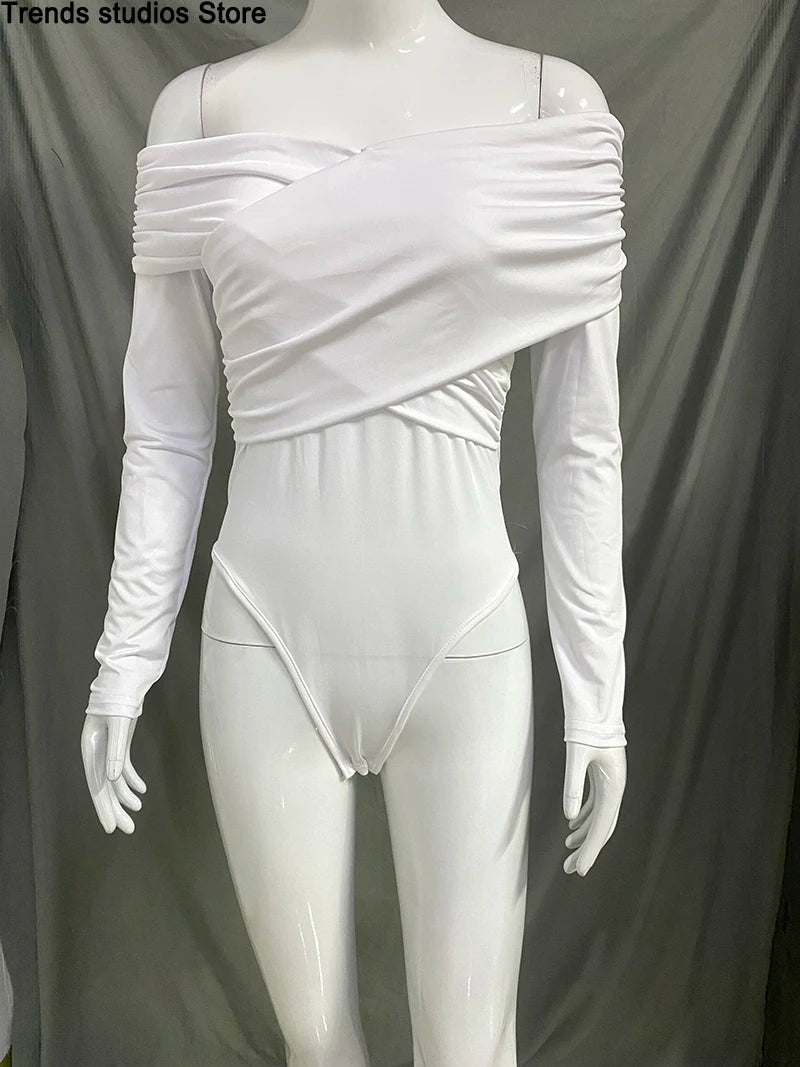 New Solid Sexy Off Shoulder Bodysuits Women Fashion Crossed Folds Skinny Rompers Long Sleeve Fashion Streetwear Autumn Bodysuits.