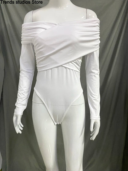 New Solid Sexy Off Shoulder Bodysuits Women Fashion Crossed Folds Skinny Rompers Long Sleeve Fashion Streetwear Autumn Bodysuits.