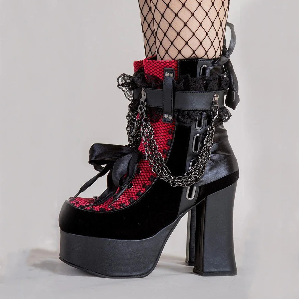 Gothic Style Chain Lace Up Bow Women Short Boots Retro Round Toe Square Heel Chunky Platform Ankle Boots Punk Ladies Party Shoes.