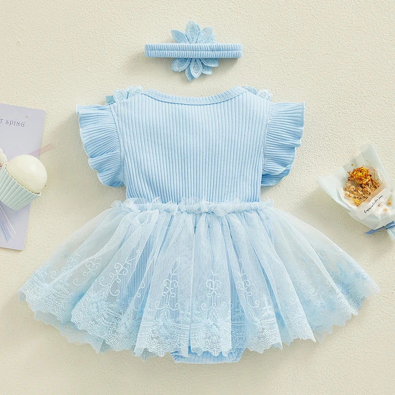 Visgogo Neugeborenen Baby Stram pler Kleid 2 Stück Outfits Mesh Spitze Patchwork Rüschen Bodysuit und Stirnband süße Sommerkleid ung.