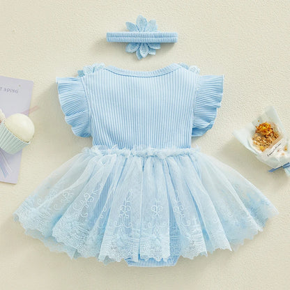 Visgogo Neugeborenen Baby Stram pler Kleid 2 Stück Outfits Mesh Spitze Patchwork Rüschen Bodysuit und Stirnband süße Sommerkleid ung.