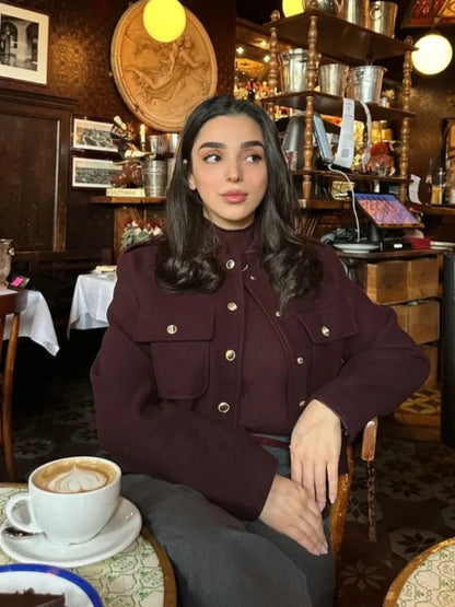 ZBZA Women's Retro Wine Red Cropped Jacket Stand Collar Long Sleeve Buttoned Epaulettes Patch Pocket Coat Fall Winter New Jacket.