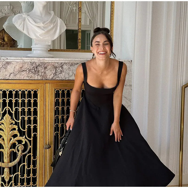 Schwarzes A-Linien-Langkleid für Damen, elegant, quadratischer Ausschnitt, plissiert, ärmellos, Sling-Maxikleider, 2025, Sommer-Dame, Urlaub, Party, Roben