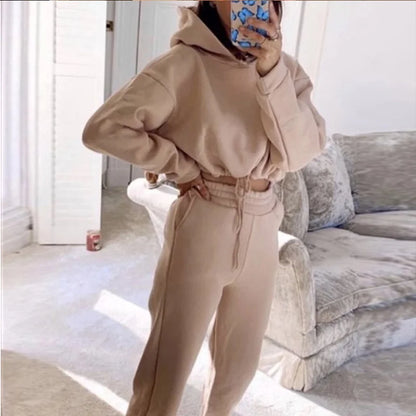 2025 Autumn Winter Women Sweatshirt Set Solid Color Casual Simple Hooded 2 Piece Outfit Set Fashion Gym Jogging  Woman Pant Sets.
