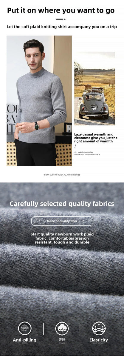 High End 100% Wool Thick New Autum Winter Fashion Brand Pullover Knit Half Turtleneck Business Sweater Casual Men Clothing.