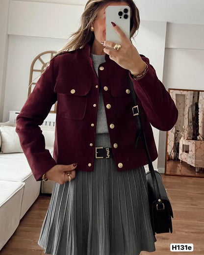 ZBZA Women's Retro Wine Red Cropped Jacket Stand Collar Long Sleeve Buttoned Epaulettes Patch Pocket Coat Fall Winter New Jacket.