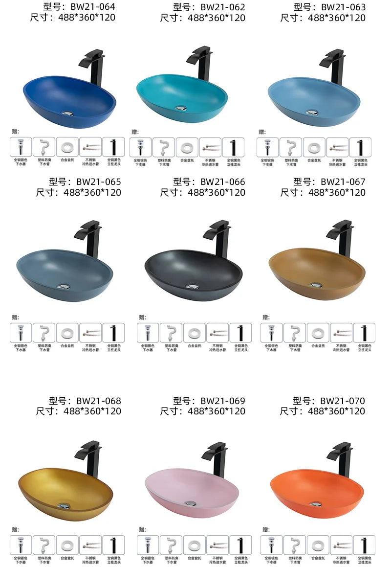 Farbiges, transparentes Badezimmerwaschbecken aus gehärtetem Glas, Hotel, modernes Aufsatzwaschbecken, Waschbecken mit Wasserfall-Wasserhahn, 49 x 35 x 13 cm