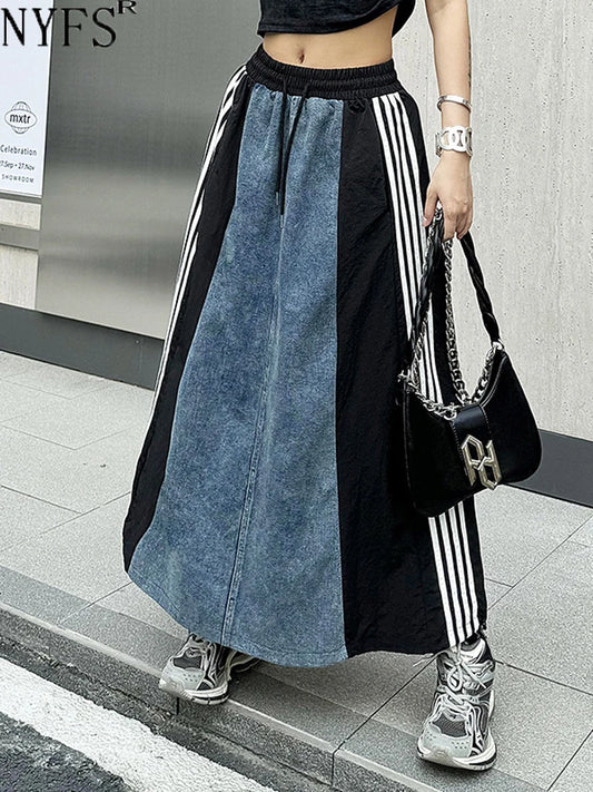NYFS 2025 Spring Summer New Vintage Woman Skirt Loose Plus Size High Waist Patchwork Denim Long Skirts Faldas Mujer Saias.
