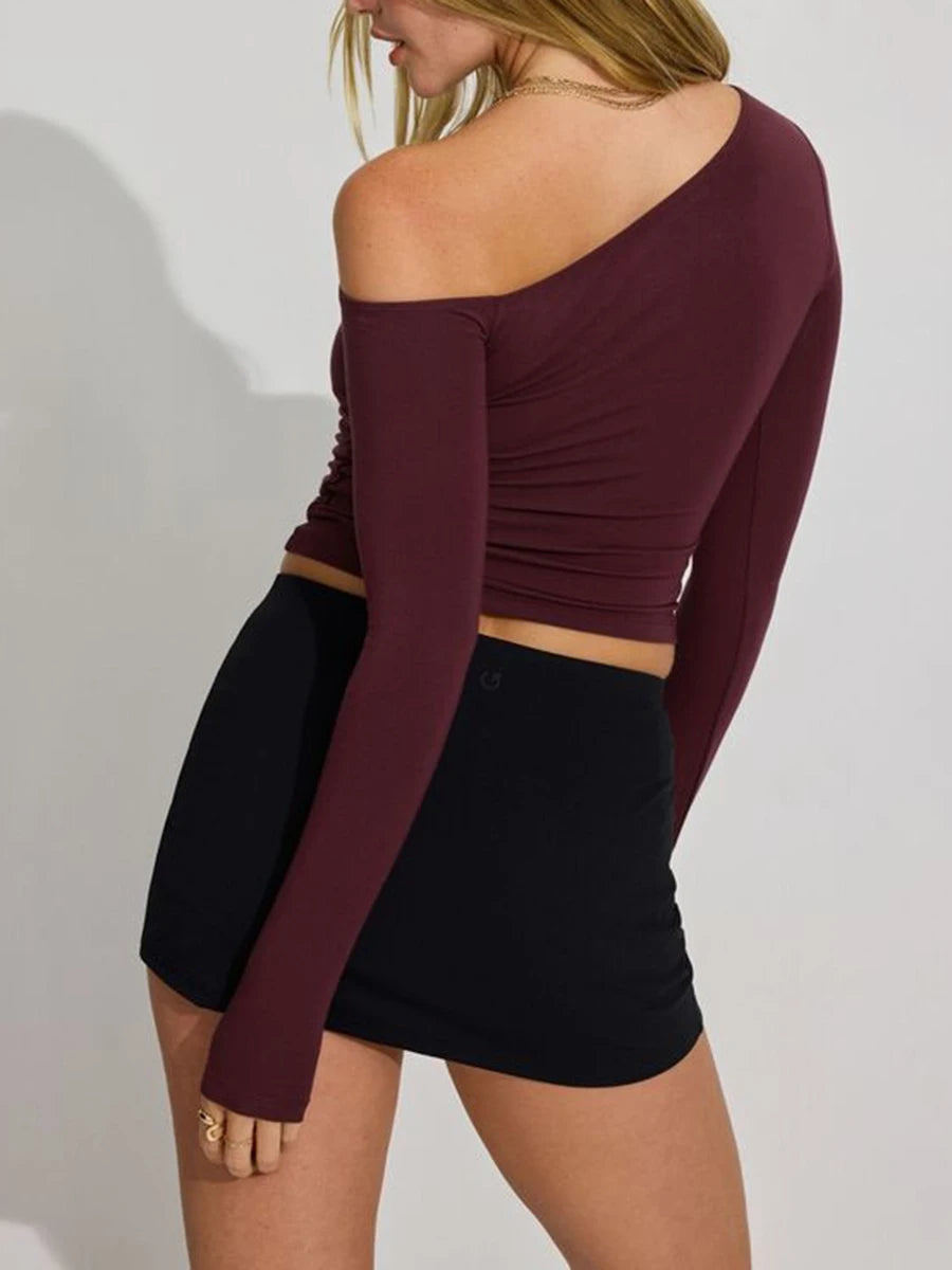 Women's One Shoulder Pullover Tops Slim Fit Solid Color Slash Neck Long Sleeve Showing Navel Asymmetrical Basic Shirt for Fall.