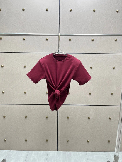 Y2K knotted twist knitted threaded round neck Top women fashionable and versatile navel padded shoulder short-sleeved T-shirt