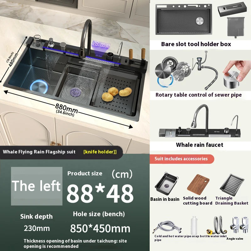 Stainless Steel Kitchen Sink Waterfall Wash Vegetables Basin Intelligent Digital Display Faucet Dish Wash Bowl Large Single Slot