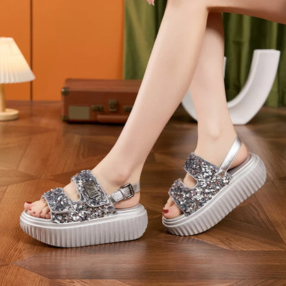 AUTUSPIN 6cm Women Flat Sandals Fashion Platform Ladies Shoes Bling Bling Sequined Cloth Female High Heels Chunky Rome Sandalias.