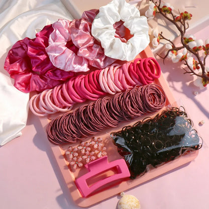 Fashionable Pink Hair Accessories Set for Women, Seamless Ponytail Holders Variety Hair Scrunchies For Women Lady 2024.