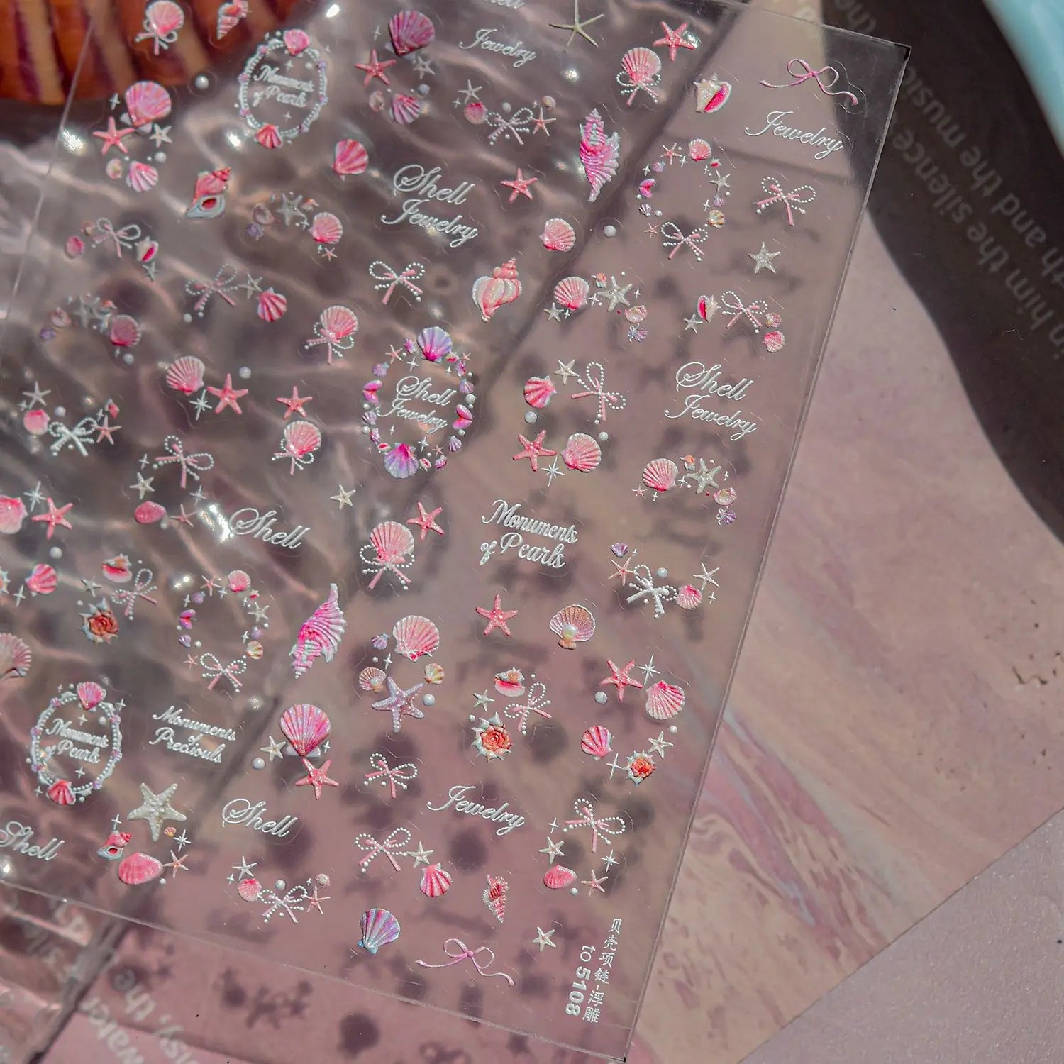 Ocean Theme 5D Nail Sticker Summer Beach Seashells Starfish Conch Scallop Shell Coral Self Adhesive Decoration Manicure Decal.