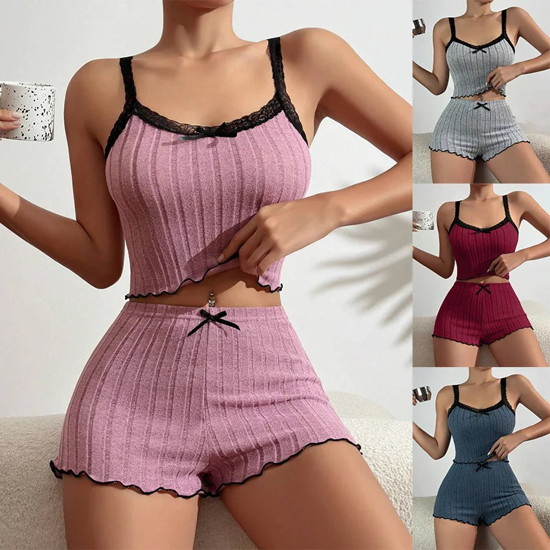 Frühling Sommer frauen Sexy Nachtwäsche Gestrickte Zwei-stück Pyjamas Set Spitze Ärmel Leibchen Pijama Mujer Casual Homewear Outfit.