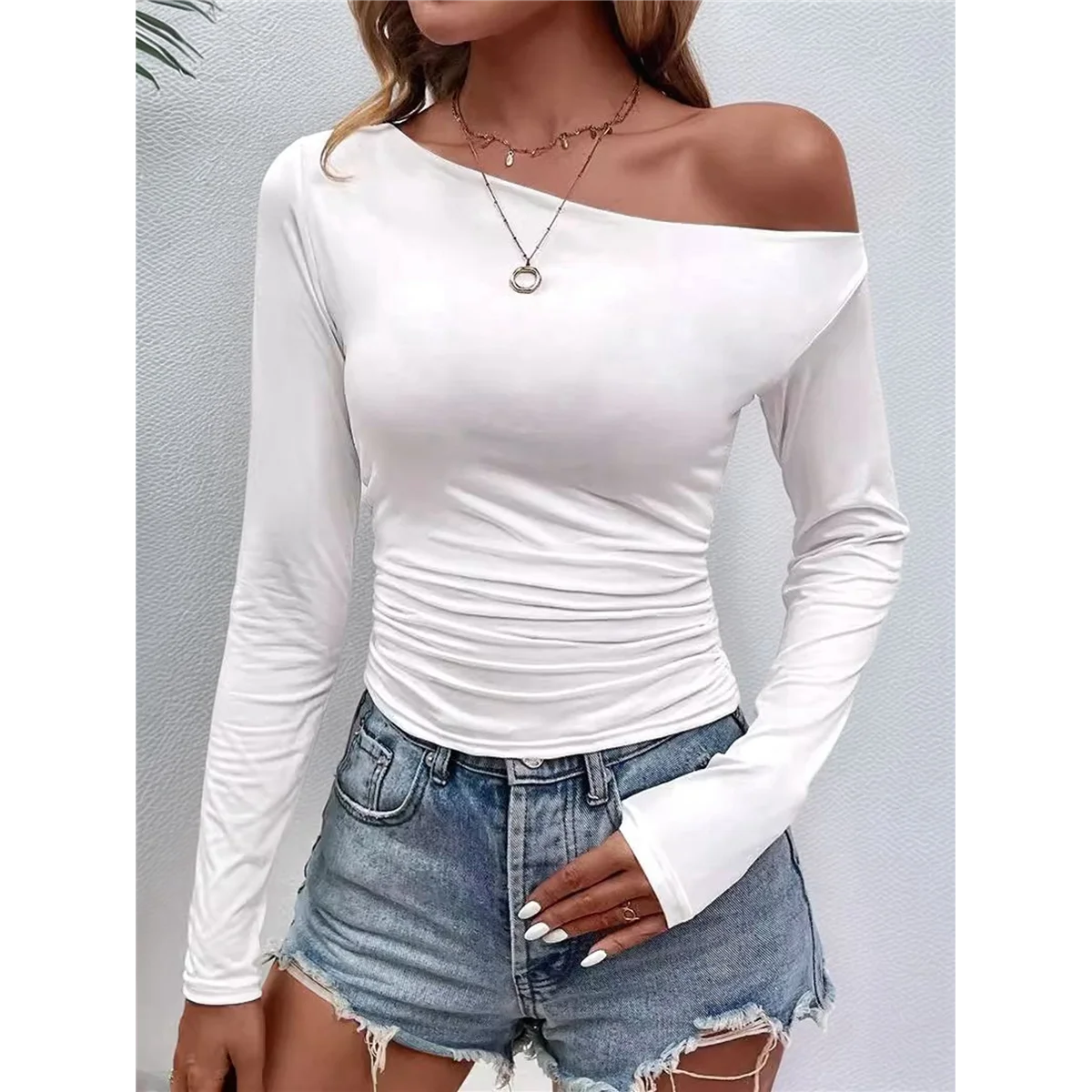 NEW-Women's Casual Long Sleeve Boat Neck Off Shoulder Slim Fit Crop Top Going Out Blouses Y2K Tight Shirts.