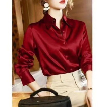 2025 Summer Women's Satin Shirts Elegant Plain Long Sleeve Blouse Office Lady Button-Up Shirt Top Female Shirts Blouse Autumn