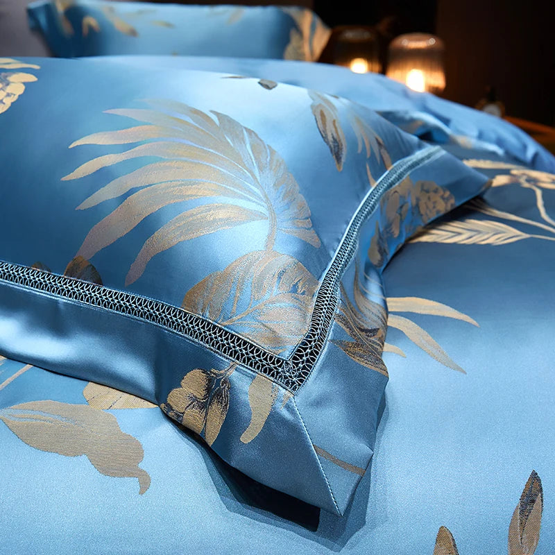 Luxury Satin Jacquard  Cotton Bedding Set Gold Leaves Egyptian Cotton Smooth Duvet Cover Set Flat/Fitted Sheet Pillowcases.