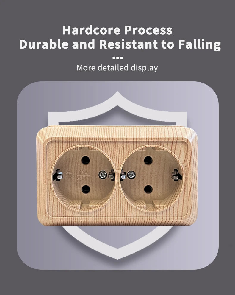 Holzfarbe, Wandoberfläche, 2-Steckdosen, Stecker, EU-Außensteckdosen mit Erdung, Steckdose für den Außenbereich, flammhemmender Kunststoff.