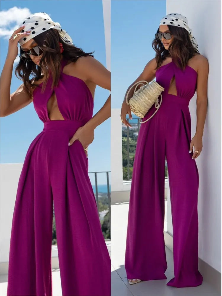 Sexy Backless Halter Neck Sleeveless Bandage Jumpsuit Summer Women Fashion Red Black Hollow Out Wide Leg Jumpsuits Streetwear.