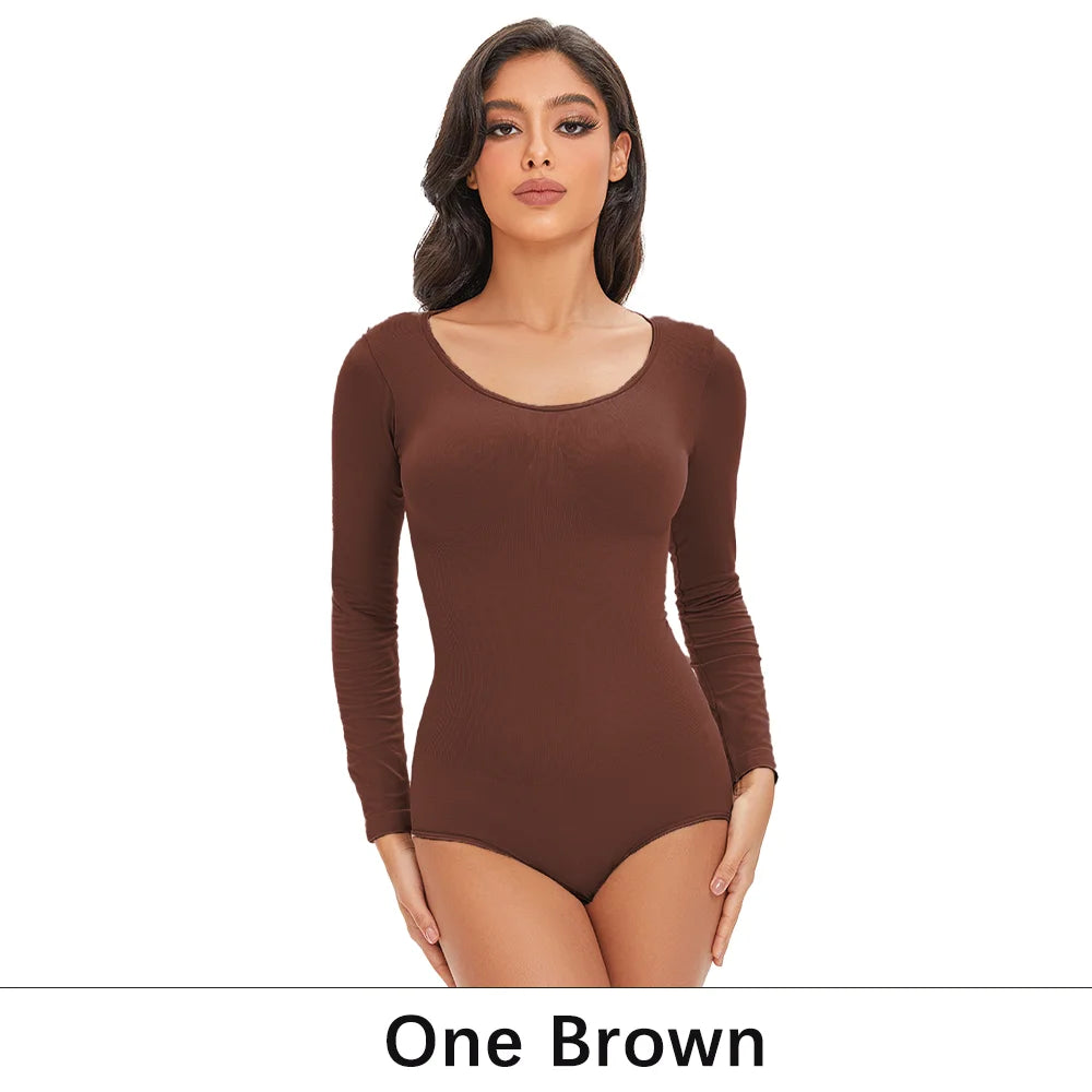 POKARLA Spandex Elastic Body Suit Shapewear Women Body Shaper Tummy Control Long Sleeve Open Crotch Round Neck Seamless Shapers.