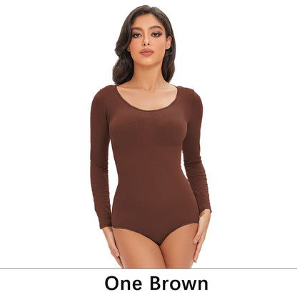 POKARLA Spandex Elastic Body Suit Shapewear Women Body Shaper Tummy Control Long Sleeve Open Crotch Round Neck Seamless Shapers.