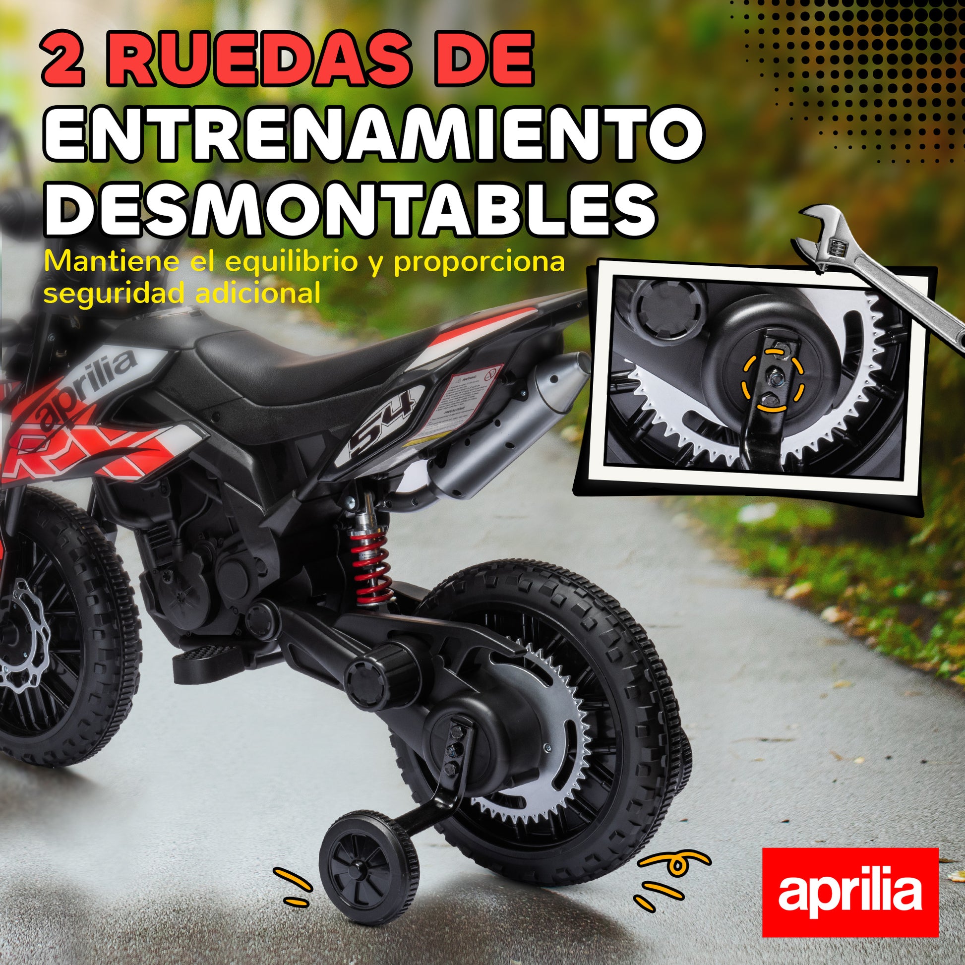 Aiyaplay Electric Motorcycle for Children 12V with Aprilia License, Children's Electric Motorcycle with Detachable Auxiliary Wheels, 6 Km/H, Rear Suspension, Headlight, Music and Usb, for Children 37-96 Months, Red.
