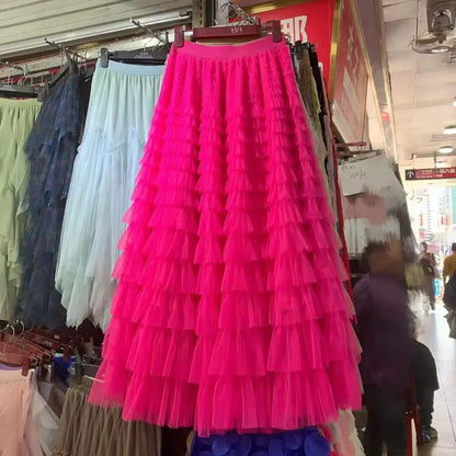 Chamliforve Women Tulle Mesh Skirt Elegant Elastic Waist Fairy Long A-line Tutu Skirt for Spring Summer Long Cake Skirt