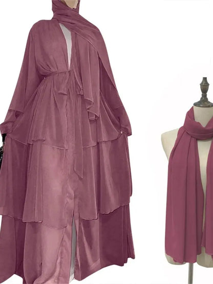 Summer Open Chiffon Khimar Kimono Abaya Dubai Luxury 2024 Muslim Sets Modest Kaftan Hijab Dresses For Women Islam Kebaya Damen.