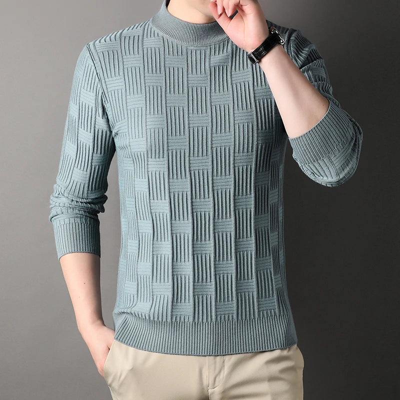 Luxury high-quality round neck exquisite plaid knitted sweater men's autumn and winter new casual warm comfortable pullover.