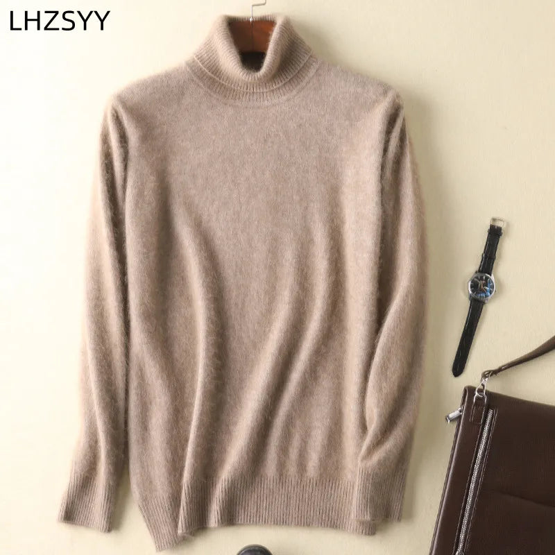 Men's 100% pure Mink Knitted Sweater Turtleneck Large Size Casual Pullover Autumn Winter New Base Shirt Men Warm High Lapels Top.