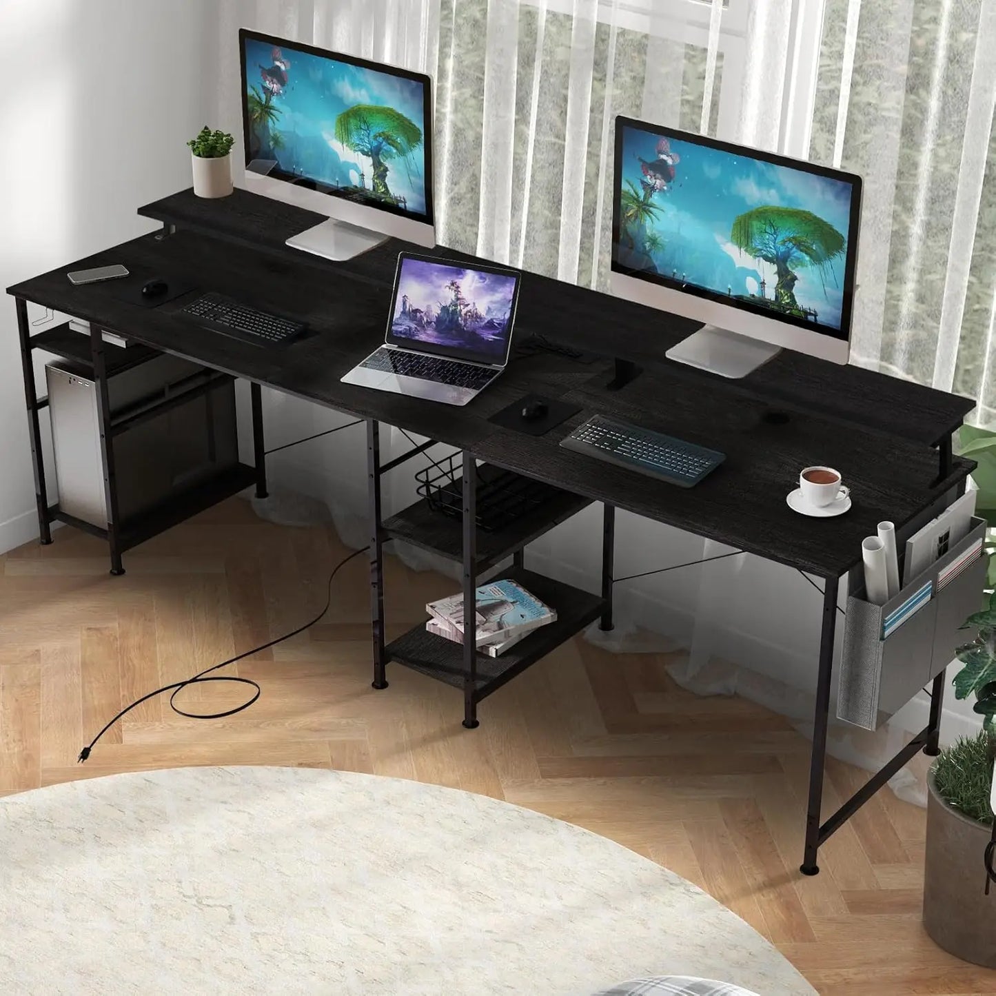 RGB Gaming Schreibtisch L-förmiger Eckschreibtisch Multifunktionaler Computertisch mit Monitorständer und Ablage