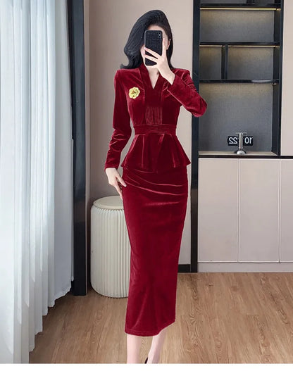 VigoAnne 2025 Solid V Neck Velvet 2 Piece Set Woman Long Sleeve High Waist Skirt Suits Lady Spring Autumn Korean Long Dress Suit