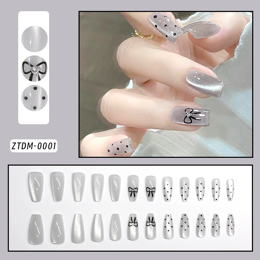 24Pcs 3D kuromi press on nails Y2K Cartoon Handmade Fake Nails Black Gel nail Wearable Nails Cinnamoroll Melody Anime False Nail