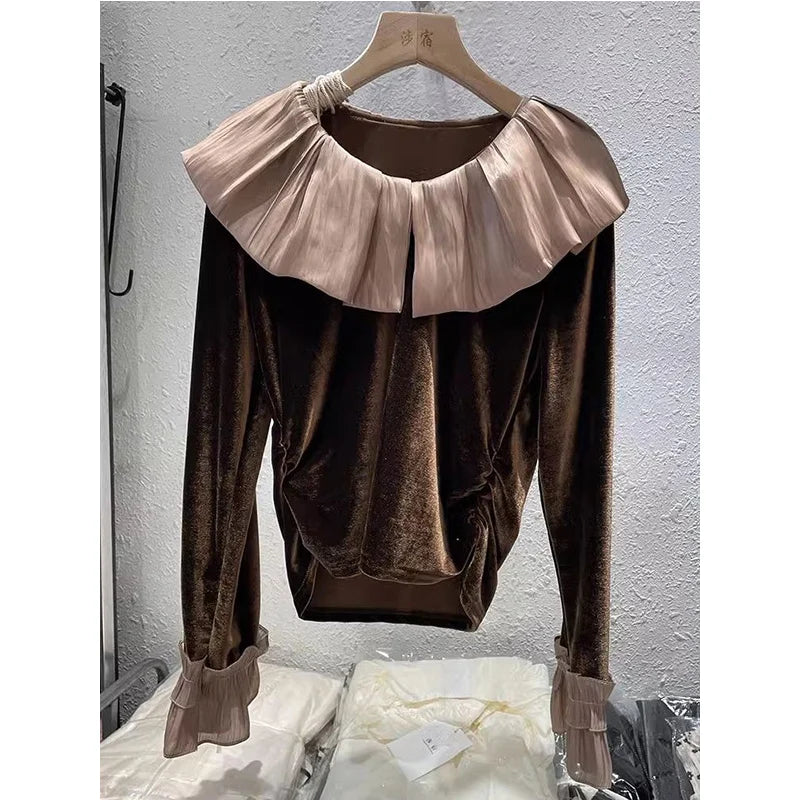 Autumn Korean Patchwork Solid Color Peter Pan Collar T-Shirts Female Temperament Ruffles T-Shirts Women Clothing All-match Tops.