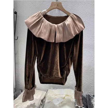 Autumn Korean Patchwork Solid Color Peter Pan Collar T-Shirts Female Temperament Ruffles T-Shirts Women Clothing All-match Tops.
