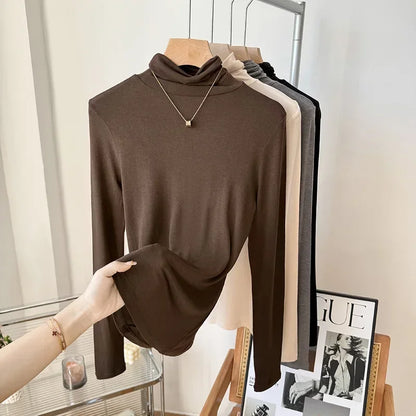 Yuyue Women's High-necked High Strecth Bottoming Shirt Old Money Style Silk Pile Collar Base Top Contain Mulberry Silk and Wool