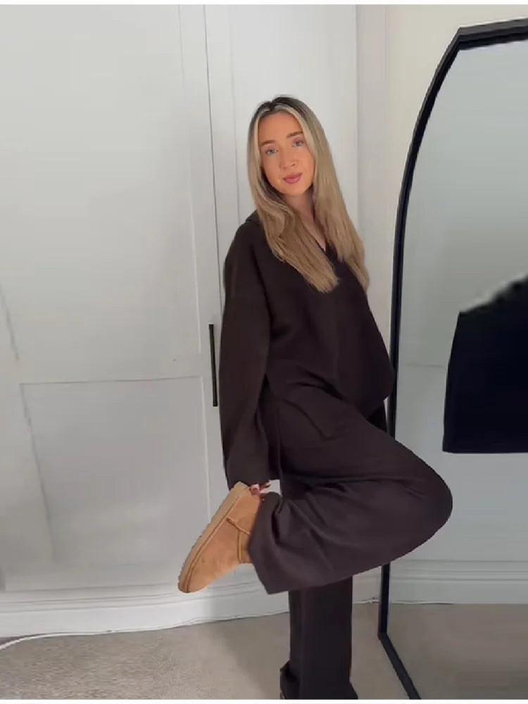 Casual Simple Loose Sweater Trousers Set Solid Color Retro Versatile Comfortable Streetwear Top Pants Commuting Women's Outfit.