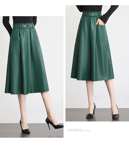 S-5XL New Women Plus Size Leather Skirt Spring Autumn Fashion Stretch Waist A-Line Loose Long Skirt Split Leather Sheepskin