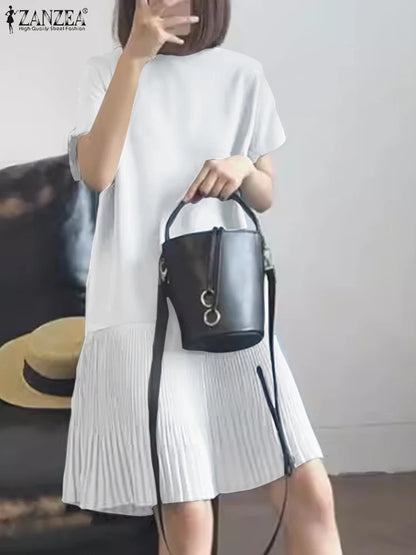 Zanzea lässig solide plissierte Kleid Frauen Sommer Kurzarm knielange Robe 2024 koreanische lose einfache Patchwork Vestido Overs ize.