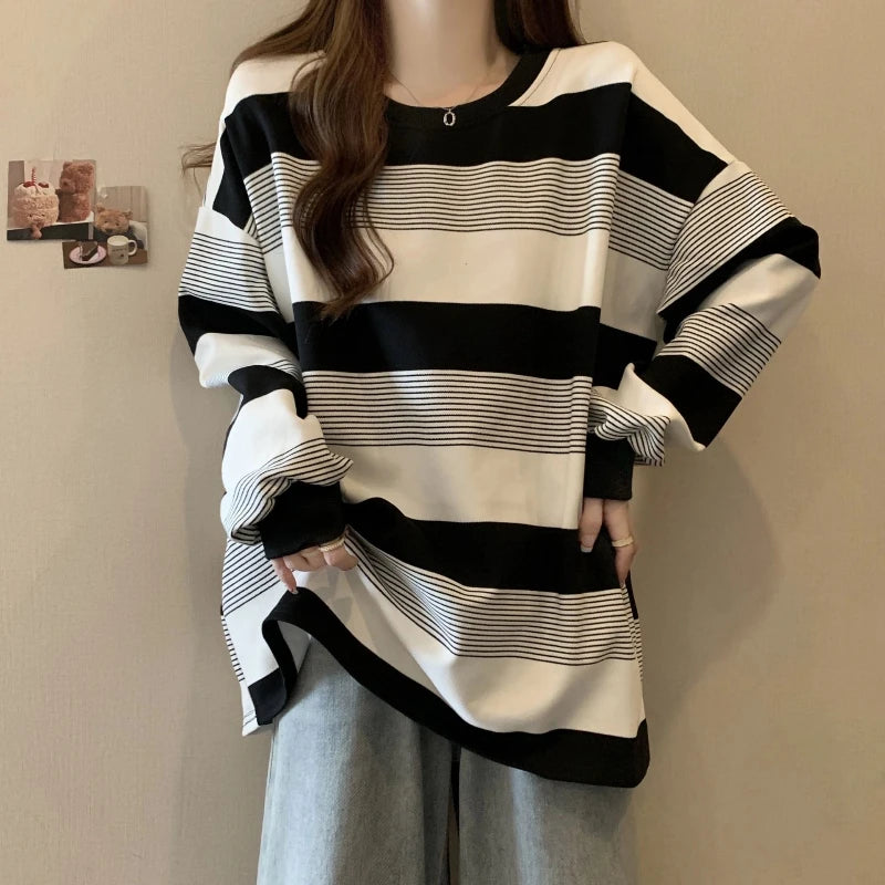 Vintage Striped Thin Hoodies Sweatshirts Spring Autumn Long Sleeve Loose Lazy Style Pullovers Top Casual Fashion Women Clothing.