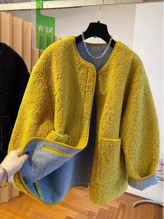 Hochwertige Lammwolljacke für Damen, lockerer warmer Samtmantel, 2025, neuer Frühling und Herbst, große Taschen, modische Oberbekleidung, M-3XL.