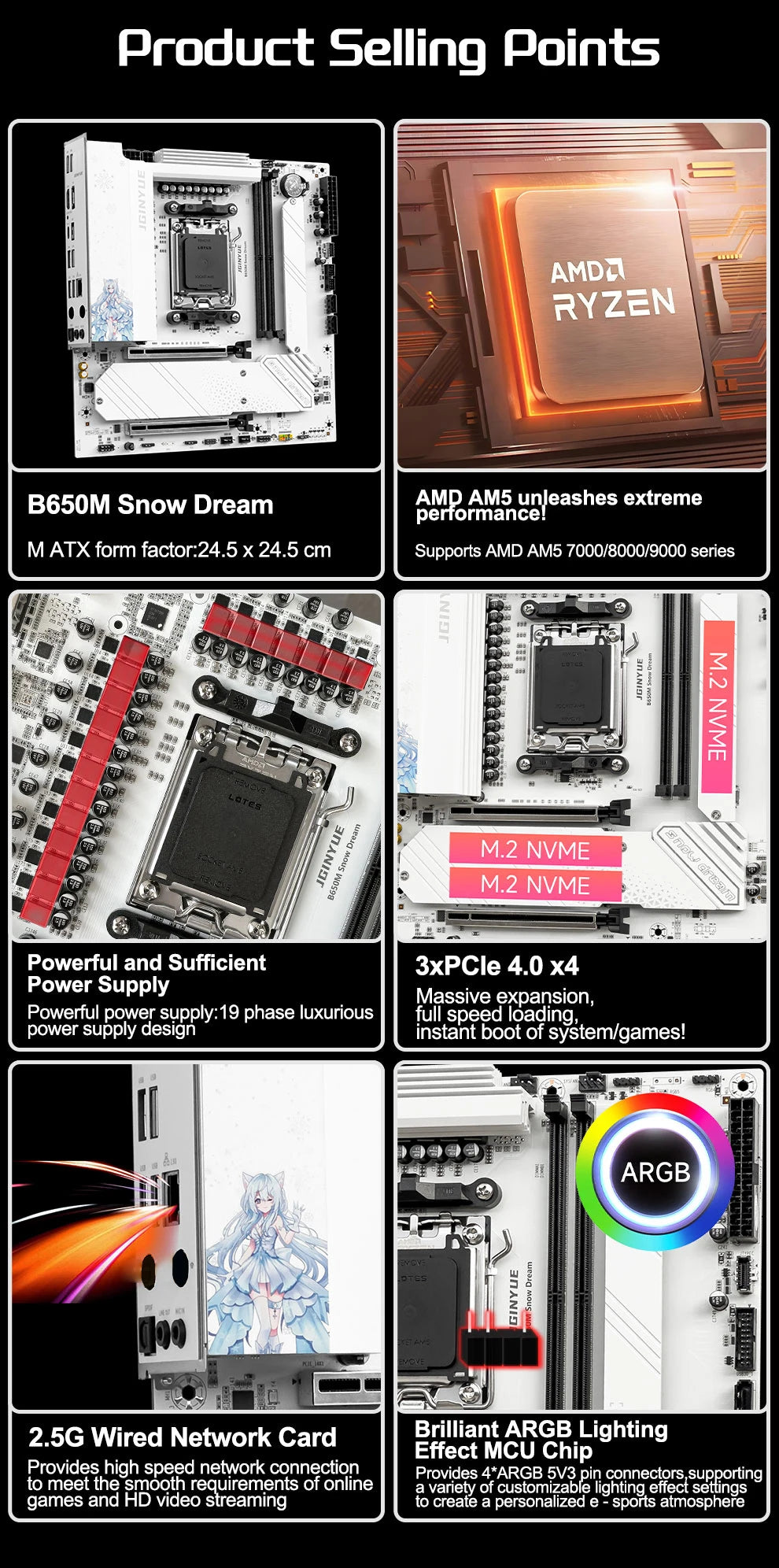JGINYUE B650M Snow Dream AM5 DDR5 ARGB M-ATX Motherboard For Gaming PCIe 4.0×4 M.2 For CPU 9700X/9900X/7800X3D gaming pc DIY.