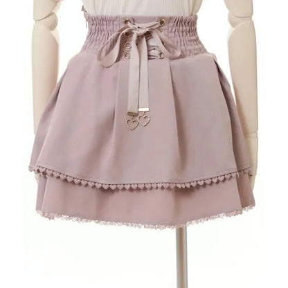 Japan Style High Waist Pleated Mini Skirts Bow Knot Design Mini Skirts Kawaii Slim Fit A-line Skirts Pink Lace Skirts For Women.