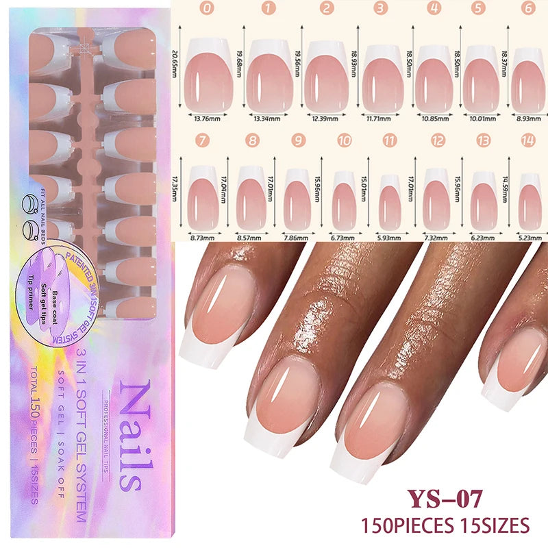 150Pcs/Box Acrylic Press on Nails Full Cover Fake False Tips Soft Gel Extension T-shaped Oval Capsule Almond Sculpted Salon DIY