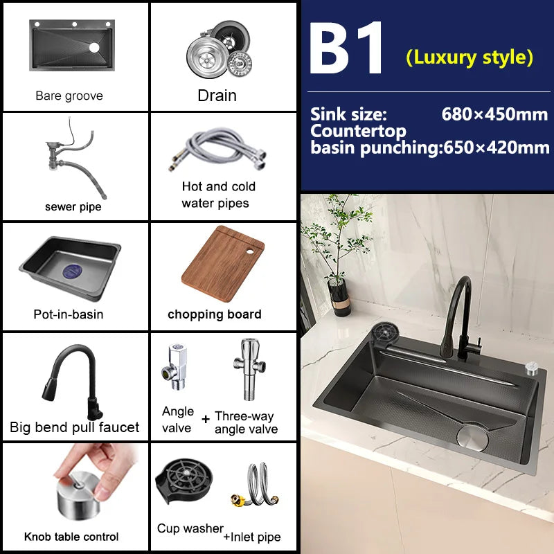 Stainless Steel Kitchen Sink Embossed Large Single-Slot With Kitchen Faucet Multifunctional Washbasin for Apartment