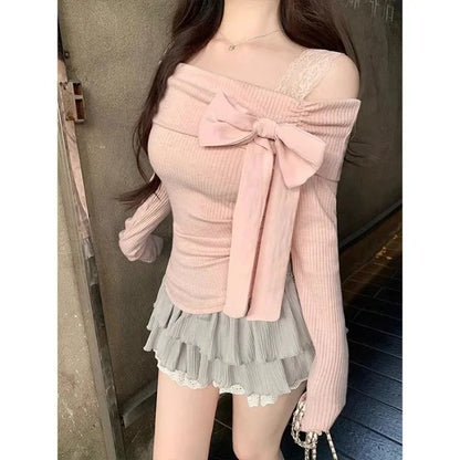Morning Collar French Style One Shoulder Butterfly Knot Long Sleeve T-Shirt Women's Autumn Winter Slim Fit Inner Wear Top.