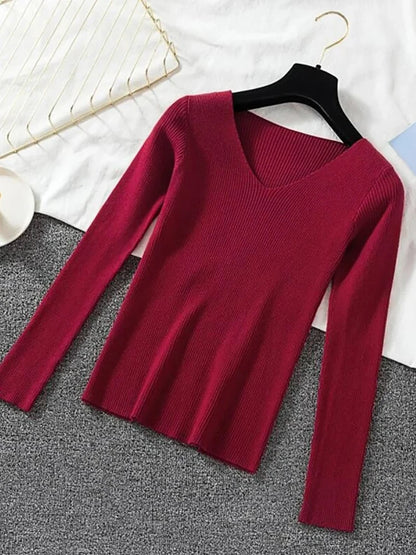 2025 mode V-ausschnitt Elastische Grundlegende Top Neue Frauen Pullover Herbst Winter Langarm Pullover Weibliche Winter Solide Strick Jumper.