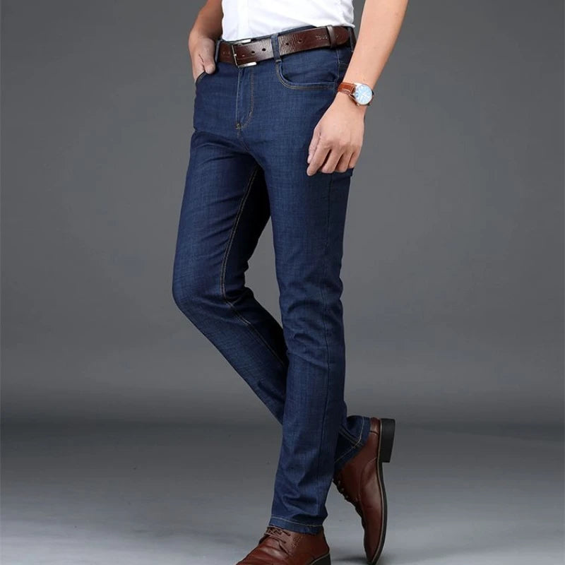 Classic Straight Men's Jeans Fitted Comfortable Elastic Business Casual Denim Pants Korean Fashion  Autumn Casual Trousers.